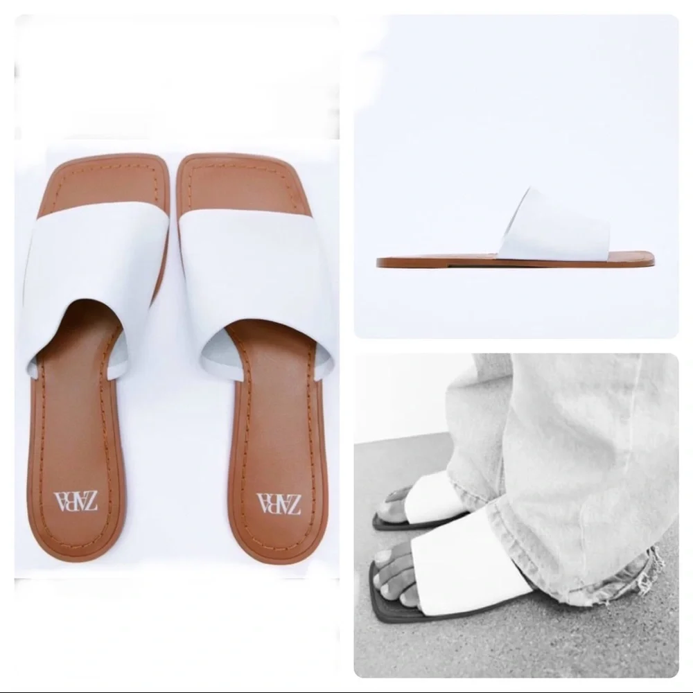 New Zara Genuine Leather Square Toe Flat Sandals Shoes Euro 40 - Picture 3 of 11